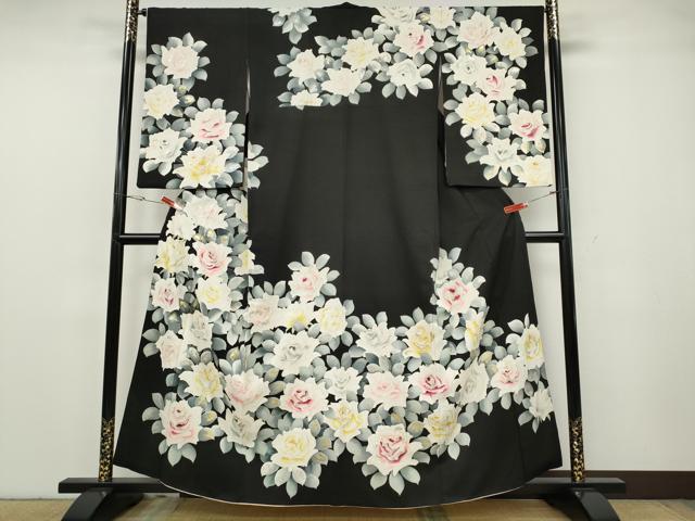 平和屋着物●訪問着　薔薇　黒地　金銀彩　正絹　逸品　CABG5476ut
