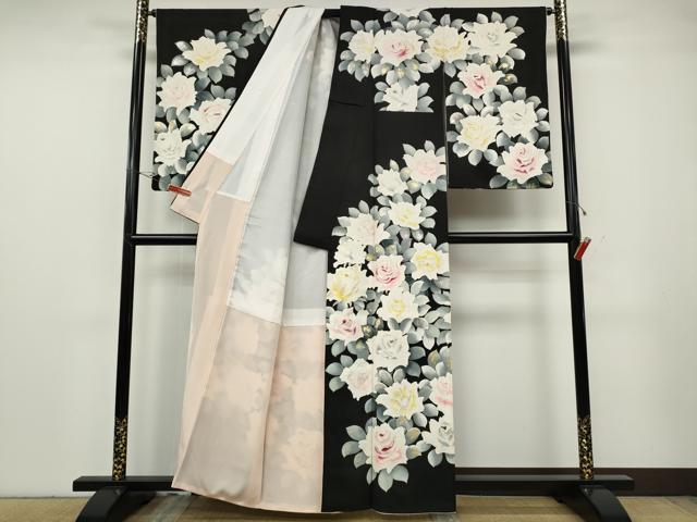 平和屋着物●訪問着　薔薇　黒地　金銀彩　正絹　逸品　CABG5476ut_1