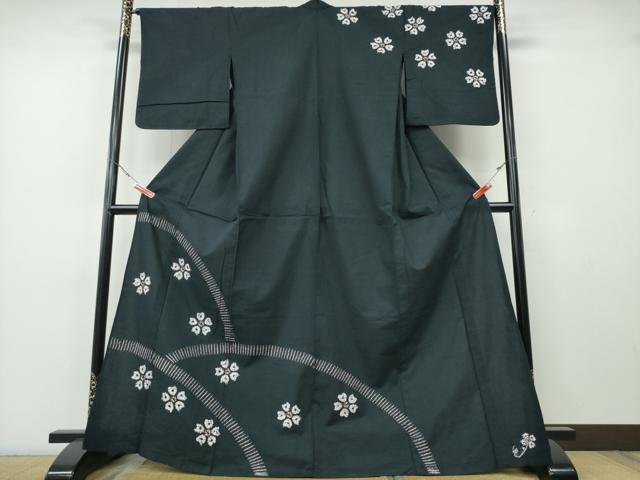 長閑やかさ屋御召しもの∴夏物 浴衣 有松鳴海絞り 短い訪問着 舞花文 黒地 綿 珠玉 CABH1343ng