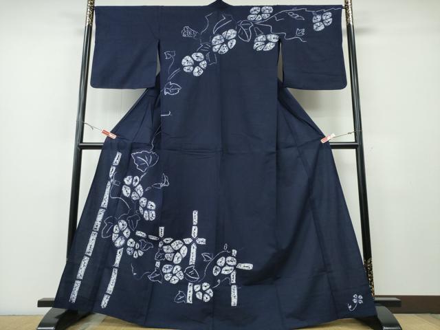 長閑やかさ屋御召しもの∴夏物 浴衣 有松鳴海絞り 短い訪問着 槿花 竹垣文 濃藍色 綿 珠玉 CABH1344ng