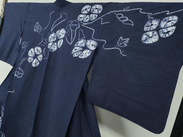 長閑やかさ屋御召しもの∴夏物 浴衣 有松鳴海絞り 短い訪問着 槿花 竹垣文 濃藍色 綿 珠玉 CABH1344ng