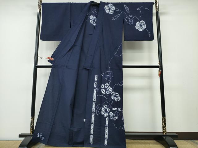 長閑やかさ屋御召しもの∴夏物 浴衣 有松鳴海絞り 短い訪問着 槿花 竹垣文 濃藍色 綿 珠玉 CABH1344ng