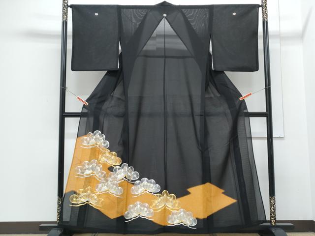 平和屋着物＊夏物　黒留袖　絽　駒刺繍　松葉文　金彩　洗える着物　CABH3834th