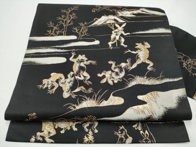 平和屋着物●九寸名古屋帯　鳥獣戯画　黒地　金糸　正絹　逸品　CABH4817hy 46,800円