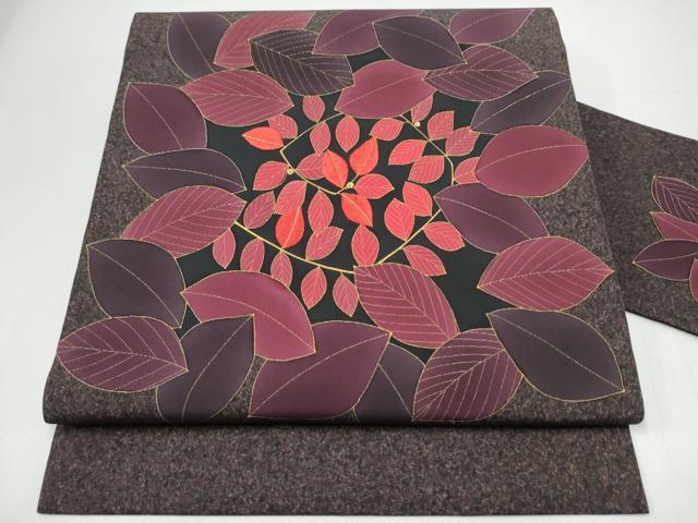 平和屋着物●九寸名古屋帯　作家物　刺繍　枝葉文　金彩　正絹　逸品　CABH5121hy 31,200円