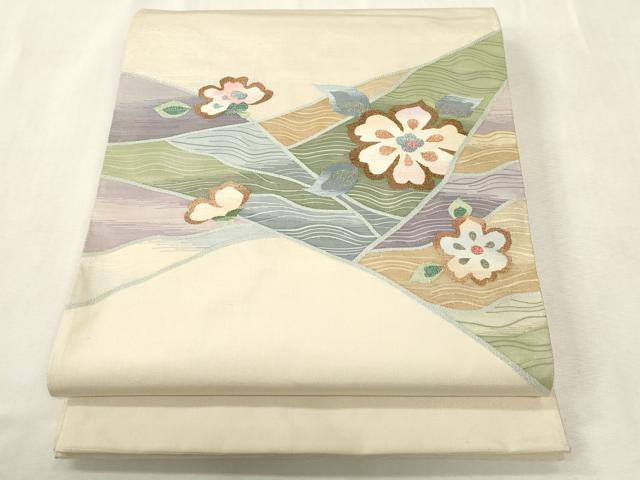 平和屋着物●太鼓柄袋帯　すくい織　切嵌草花文　正絹　逸品　CABH6477dy
