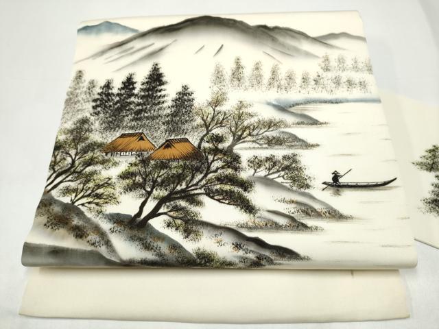 平和屋着物●塩瀬　九寸名古屋帯　作家物　手描き　遠山風景文　正絹　逸品　CABI0276hy