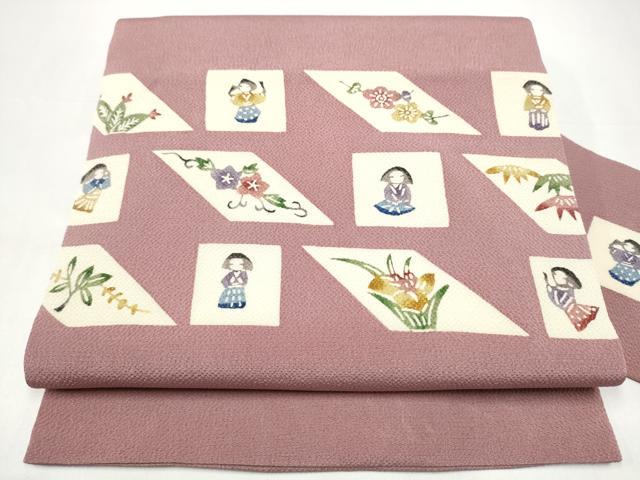 平和屋着物●九寸名古屋帯　型染め　松竹梅人物文　鬼しぼ縮緬　正絹　逸品　CABI0281hy