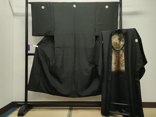 平和屋着物●男性　黒紋付　羽織セット　羽裏：冊子鼓吉祥文　正絹　逸品　CABI0442gh