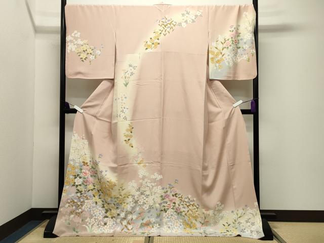 平和屋着物●訪問着　駒刺繍　草花文　暈し染め　金彩　ロング丈　正絹　逸品　CABI0683gh