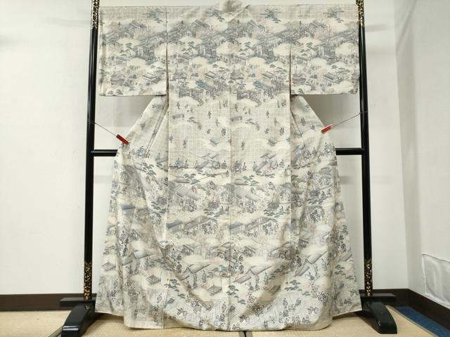 平和屋着物●訪問着　紬地　作家物　手描き　雲取り人物風景文　正絹　逸品　CABI2802yc