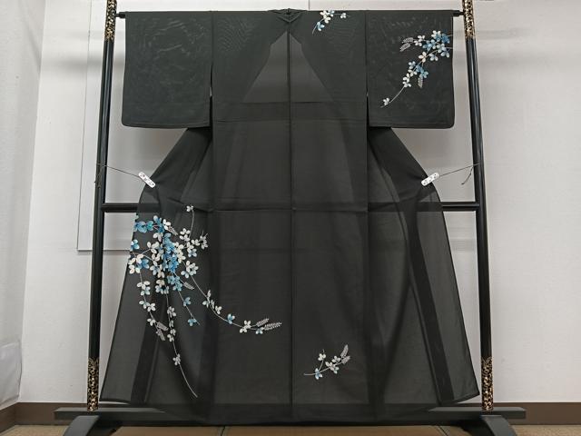 平和屋着物＊夏物　訪問着　絽　枝萩文　黒地　銀彩　正絹　逸品　CABI3973xi 32,110円