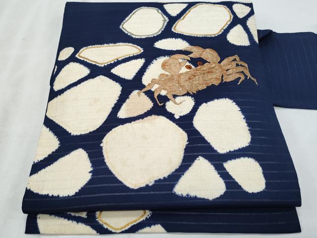 平和屋着物＊夏物　アンティーク　大正ロマン　九寸名古屋帯　駒刺繍　石畳　蟹　金糸　正絹　逸品　CABI5716fb