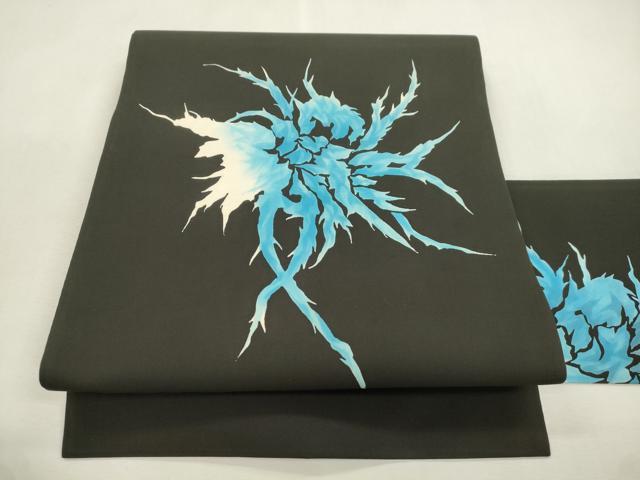 平和屋着物●九寸名古屋帯　ろうけつ染め　草木文　黒地　正絹　逸品　CABI7223dy 12,168円