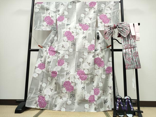 平和屋着物∴夏物　浴衣・つけ帯・下駄セット 　燕　枝菊文　綿　逸品　未使用　CABJ0043ng