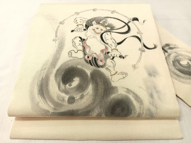 平和屋着物●九寸名古屋帯　手描き　雷神　金彩　鬼しぼ縮緬　正絹　逸品　CABJ0456vp 32,110円