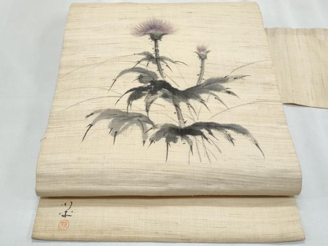 平和屋着物＊夏物　九寸名古屋帯　作家物　手描き　枝花文　麻　逸品　CABJ4689fb