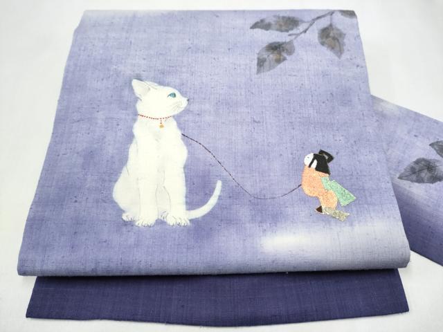 平和屋着物●九寸名古屋帯　手描き　紬地　猫　金彩　正絹　逸品　CABJ8538hy 27,885円