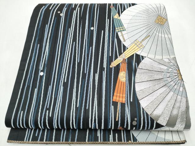 平和屋着物●六通柄袋帯　唐織　末広がり蛇の目傘　黒地　金銀糸　正絹　逸品　CABJ8748hy