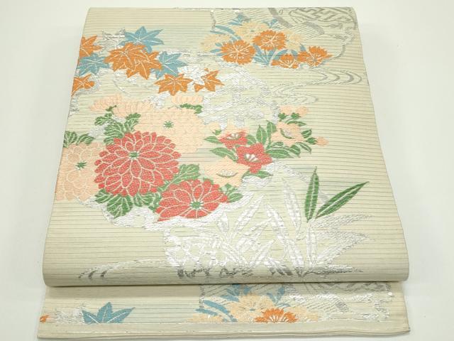 平和屋着物＊夏物　アンティーク　大正ロマン　丸帯　引き抜き帯　唐織　雪輪秋草文　銀糸　正絹　逸品　CABJ9025rv