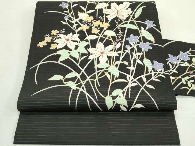 平和屋着物＊夏物　絽塩瀬　九寸名古屋帯　草花文　黒地　金銀彩　正絹　逸品　未使用　CABJ9190rv 42,250円