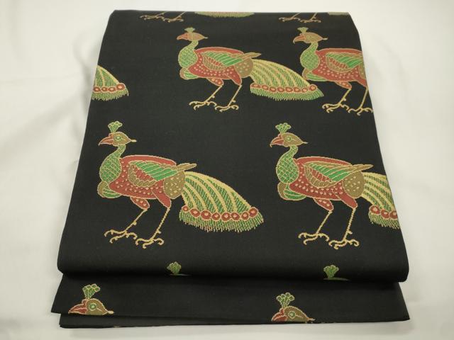 平和屋着物●全通柄袋帯　孔雀文　黒地　金糸　正絹　逸品　CABJ9483dy 28,080円