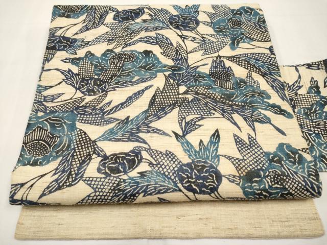 平和屋着物＊夏物　九寸名古屋帯　本場琉球紅型　藍　枝花文　麻　逸品　CABK1916tx