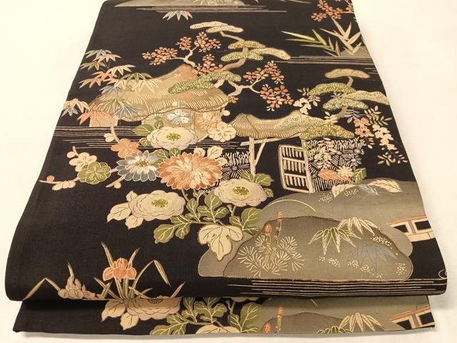 平和屋着物●アンティーク　大正ロマン　全通柄　京袋帯　駒刺繍　御所解文　引き抜き帯　黒地　銀糸　正絹　逸品　CABK4729vp 23,998円