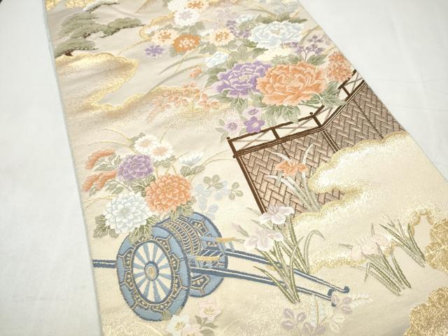 平和屋本店▽六通柄袋帯 唐織 流水草花文 本金箔24K 正絹 逸品