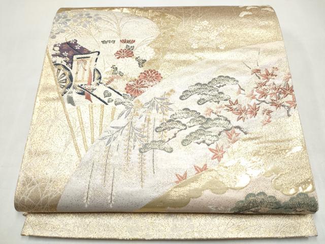 純金箔の製箔加工袋帯 平和屋本店▽六通柄袋帯 御所車花文 純金箔織九百