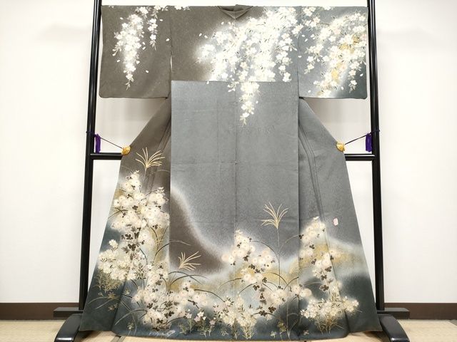 平和屋着物□極上 結城紬 色無地 牡丹鼠色 証紙付き 逸品 未使用