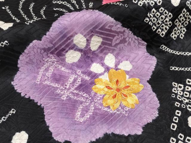 平和屋本店■極上　振袖　駒刺繍　絞り　乱菊　舞桜　黒地　逸品　CYAA0841s5 平和屋本店□極上 振袖 駒刺繍 絞り 乱菊 舞桜 黒地 逸品 CYAA0841s5