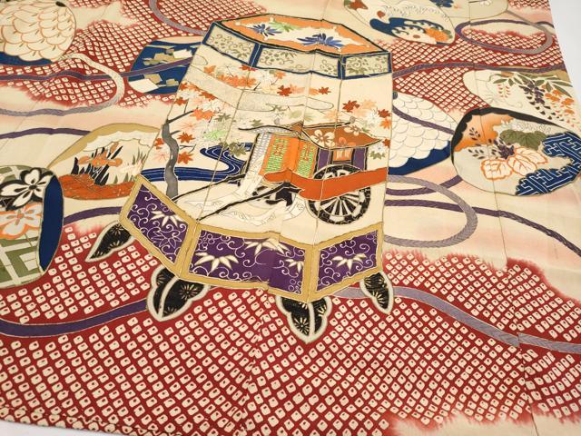 平和屋本店□極上 アンティーク 大正ロマン 振袖 手描き 相良刺繍 駒