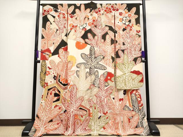 平和屋本店■極上　アンティーク　大正ロマン　お引きずり・お引き摺り・引き振袖　駒刺繍　向かい鳥花松文　金彩　逸品　CYAA0888s5