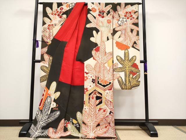 平和屋本店■極上　アンティーク 大正ロマン お引きずり・お引き摺り・訪問着・長襦袢(二部式)セット 牡丹 黒地 金彩  逸品　DZAA8131kh5 平和屋本店□極上 アンティーク 大正ロマン お引きずり・お引き摺り