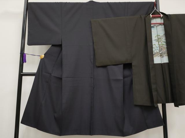 平和屋本店■極上　男性　江戸小紋　羽織セット　お召地　角通し　着物：深紫色　羽織：憲法国茶色　逸品　CYAA1052s5