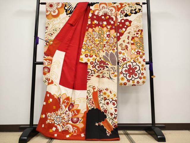 平和屋本店□極上 アンティーク 大正ロマン 振袖 相良刺繍 飛鶴吉祥花文