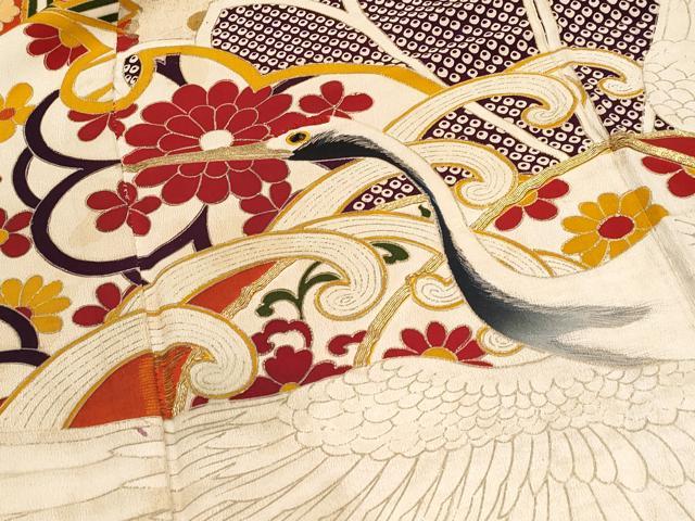 平和屋本店■極上　アンティーク　大正ロマン　振袖　相良刺繍　駒刺繍　立波飛鶴花文　金彩　逸品　CYAA1348s5 平和屋本店□極上 アンティーク 大正ロマン 振袖 相良刺繍 駒刺繍 立波