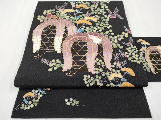 平和屋本店■極上　九寸名古屋帯　枝松藤文　黒地　金彩　鬼しぼ縮緬　逸品　未使用　CYAA1405s5