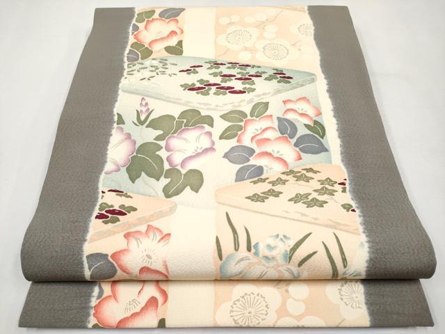 平和屋本店■極上　摺型友禅　京都　多ち花　九寸開き名古屋帯　貝桶花文　グレー地　逸品　CYAA1411s5