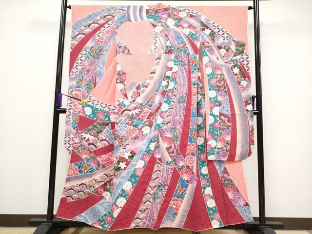 平和屋本店●極上　藤娘きぬたや・総絞り　振袖　束ね熨斗花蝶文　落款あり　逸品　CYAA1485s5