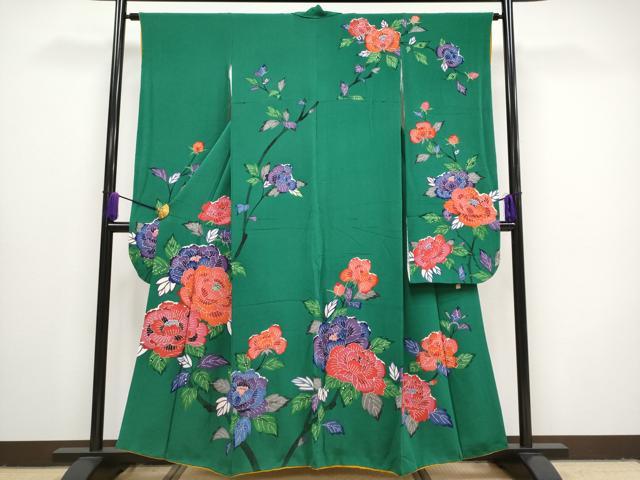 平和屋本店■極上　振袖　作家物　紅型　牡丹　鬼しぼ縮緬　萌葱色　逸品　CYAA1524s5