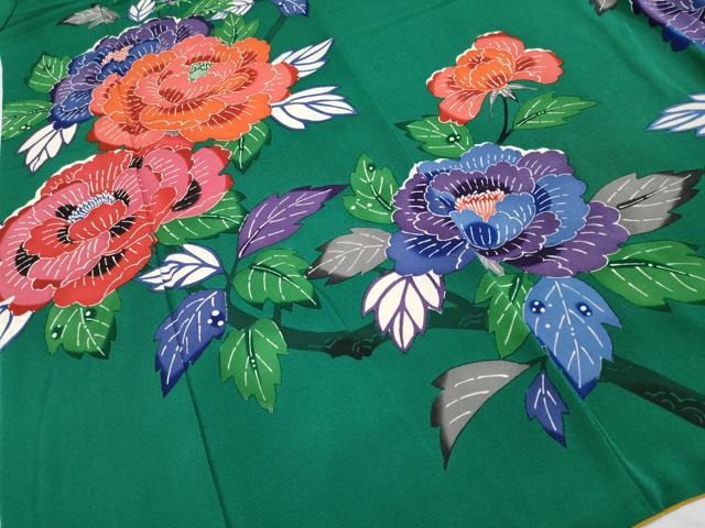 平和屋本店□極上 振袖 作家物 紅型 牡丹 鬼しぼ縮緬 萌葱色 逸品