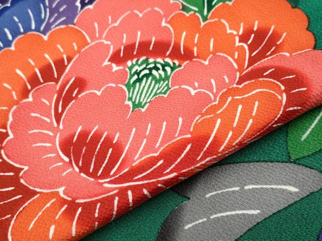 平和屋本店■極上　振袖　作家物　紅型　牡丹　鬼しぼ縮緬　萌葱色　逸品　CYAA1524s5 平和屋本店□極上 振袖 作家物 紅型 牡丹 鬼しぼ縮緬 萌葱色 逸品