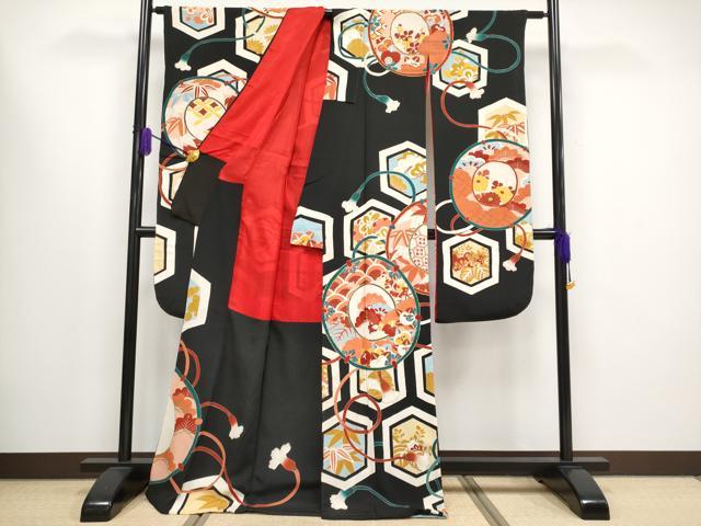 平和屋本店□極上 アンティーク 大正ロマン 振袖 駒刺繍 亀甲鏡裏文 黒地