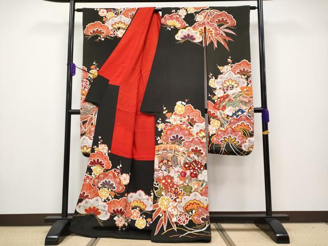 平和屋着物■極上　アンティーク　大正ロマン　振袖　駒刺繍　吉祥鼓花文　暈し染め　黒地　金彩　逸品　DZAA9358kh5 平和屋着物□極上 アンティーク 大正ロマン 振袖 駒刺繍 吉祥鼓花文 暈