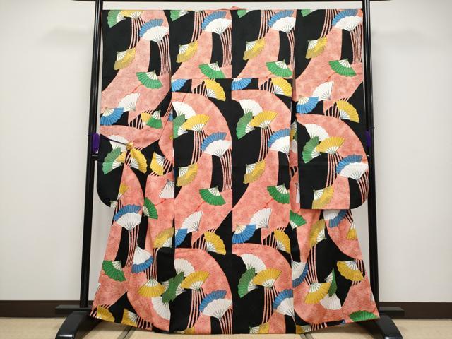 平和屋本店■希少　洗える最高級着物　＜英＞はなぶさ謹製　振袖　鹿の子檜扇文　黒地　金彩　CYAA1732s5