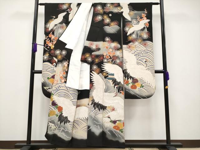 平和屋本店■極上　アンティーク 大正ロマン 振袖・長襦袢・丸帯セット 相良刺繍 駒刺繍 手描き 飛鶴風景文 黒地 金彩 逸品 CYAA1755s5 平和屋着物○極上 アンティーク 大正ロマン 振袖 駒刺繍 松竹梅檜扇花