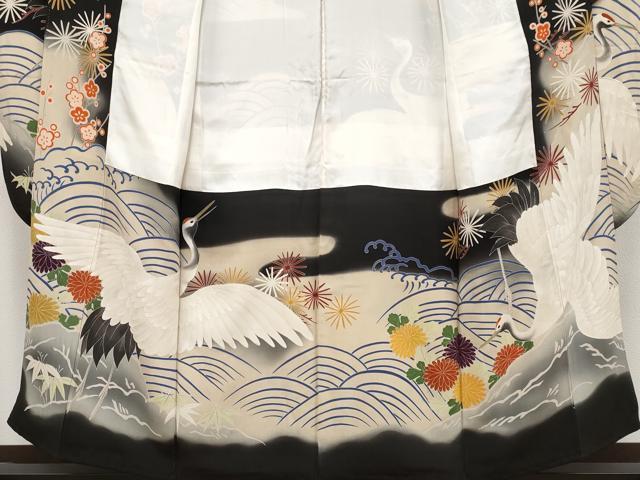 平和屋本店■極上　アンティーク 大正ロマン 振袖・長襦袢・丸帯セット 相良刺繍 駒刺繍 手描き 飛鶴風景文 黒地 金彩 逸品 CYAA1755s5 平和屋本店□極上 アンティーク 大正ロマン 振袖・長襦袢・丸帯セット