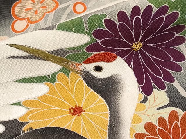 正絹黒留袖 飛鶴正倉院更紗花文 暈し染め金彩 ⑦(